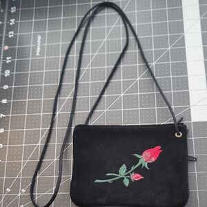 Elegant Black Rose Embroidered Surde And Leather Crossbody Bag